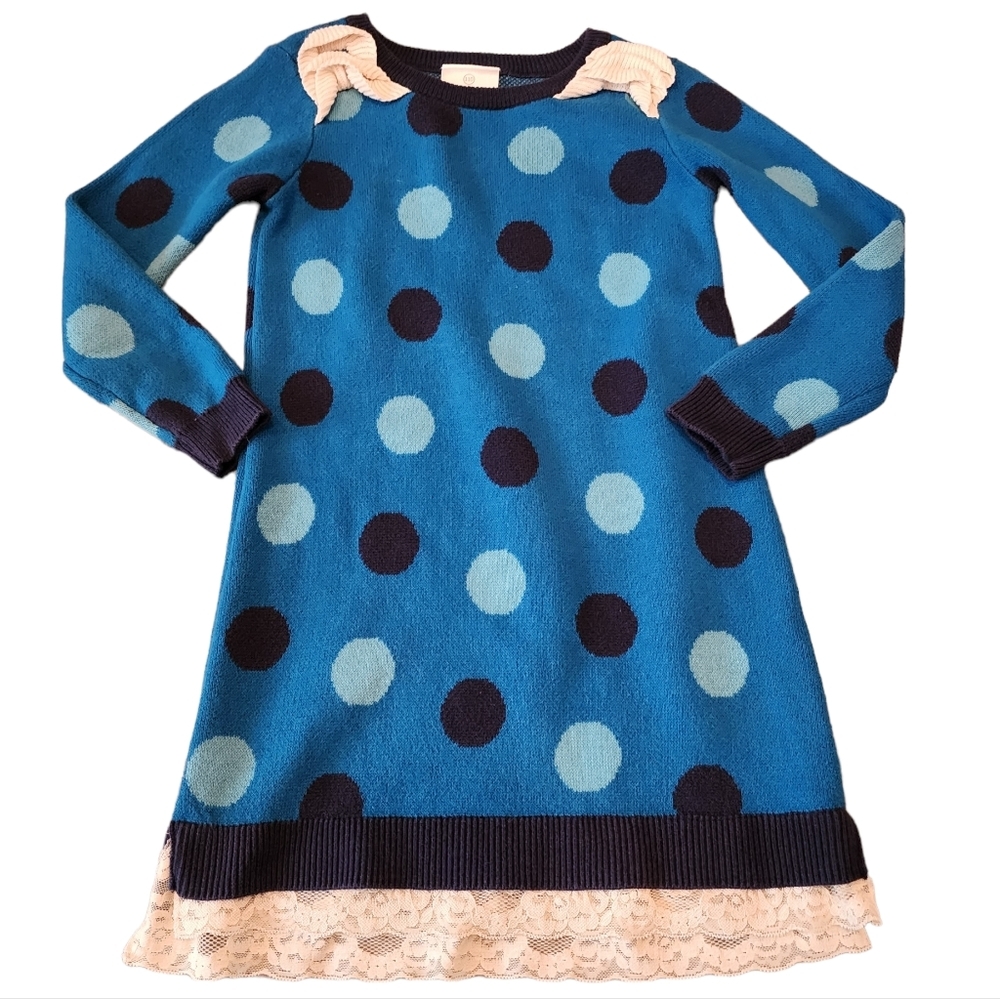 Hanna Andersson sweater dress.  Blue polka dot lace trim,  ruffles.